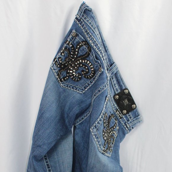 Miss Me Denim - Miss Me Distressed Fleur De Lis Crystal, Silver, Gunmetal Chain & Stud, Boot, 32